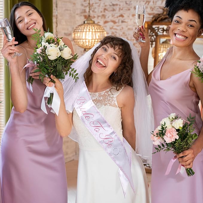 Luxury Bride to Be Sash Set – Embroidered Sash with Colored Trim, Embroidered Veil & Temporary Tattoos – Bridal Shower Hen Night Bachelorette Party Accessories