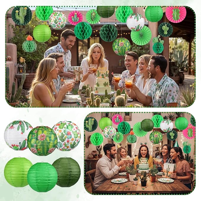 Retisee 18 Pcs Cactus Party Decorations Succulent Hanging Paper Lanterns Plant Honeycomb Fans Honeycomb Ball for Cactus Taco Bout a Theme Birthday Baby Shower Decorations