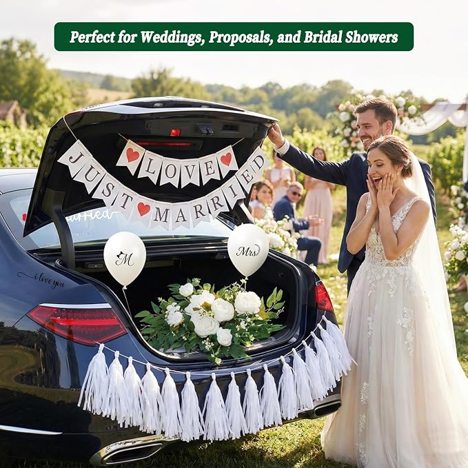 10 Pcs Upgraded Just Married Car Decoration Kit – Elegant Flower Garland Wedding Car Decor with Banners, Tassel & Sticker, Mr & Mrs Balloons, Romantic Accessories for Ceremony, Party & Bridal Shower