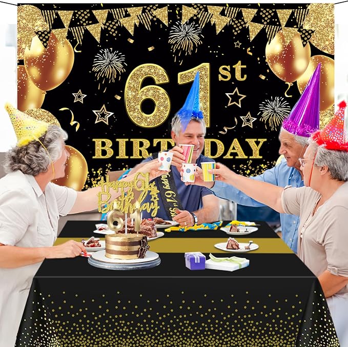 61st Birthday Decorations Men Women with 61st Birthday Banner, Black and Gold Table Cloth, Number Balloons, Large Sash, Cake Topper and Candles