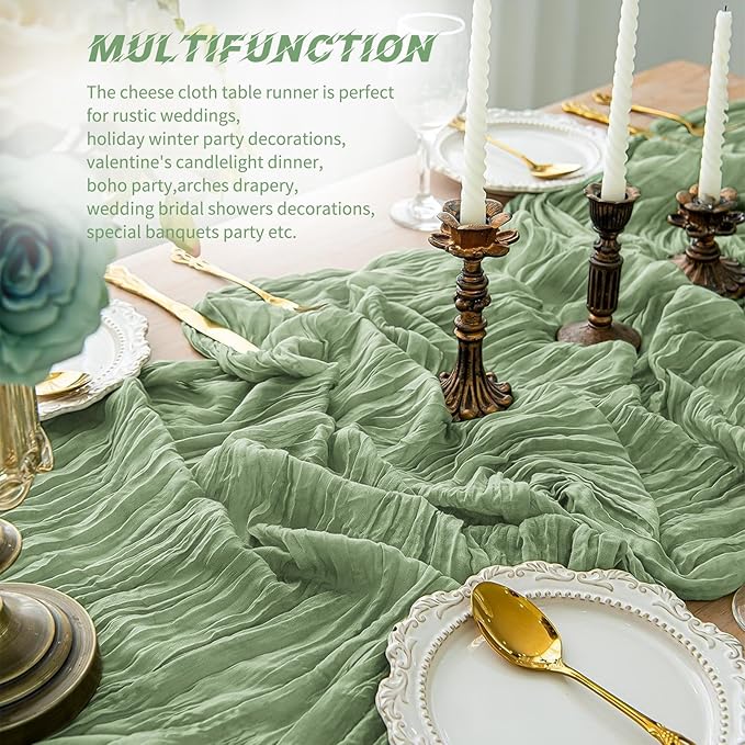 20 Pack Cheesecloth Table Runner - 17x108 Inch Sage Green Boho Gauze Cheese Cloth Table Runners for Baby Bridal Shower Decoration Wedding Party Summer Garden Farmhouse