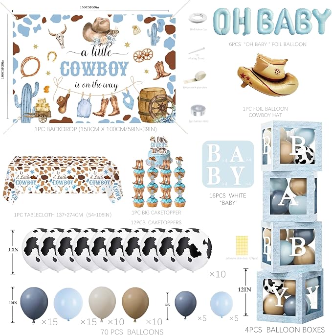 Cowboy Baby Shower Decorations for Boy - Western Theme Party Supplies Include Balloon Garland Arch Kit, Backdrop, Tablecloth, 4 Balloon Boxes, Cake Topper - A Little Cowboy is on the Way Decor Blue