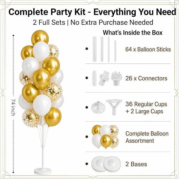 Hiins Balloon Column Kit Set of 2 With Metallic Gold Confetti&White Balloons - with Base,Pole,Balloon Tower Decoration for Graduation Wedding,Baby Shower,Birthday Party,Bachelorette Party
