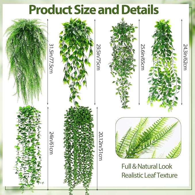 Daifunli 18 Pcs Artificial Hanging Plants Fake Hanging Ferns Plastic Fake Plant for Wall Room Garden Garland Indoor Outdoor Decor No Basket (Eucalyptu,Mandala,Boston,String of Pearl,Podocarpu,Pothos)