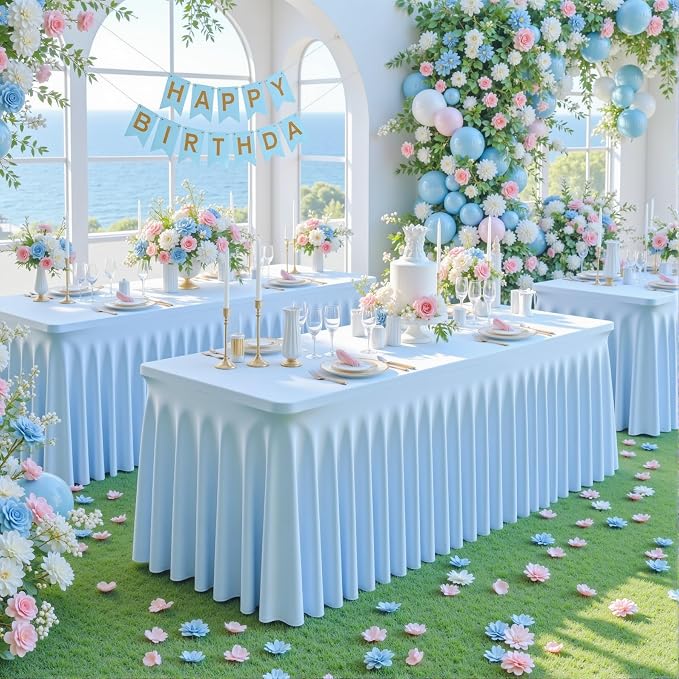 gogoparti 4 Pack Spandex Baby Blue Fitted Table Cloth for 6ft Rectangle Tables Light Blue Stretch Tablecloth Banquet Table Covers Wrinkle Free Tablecloths for Parties Wedding