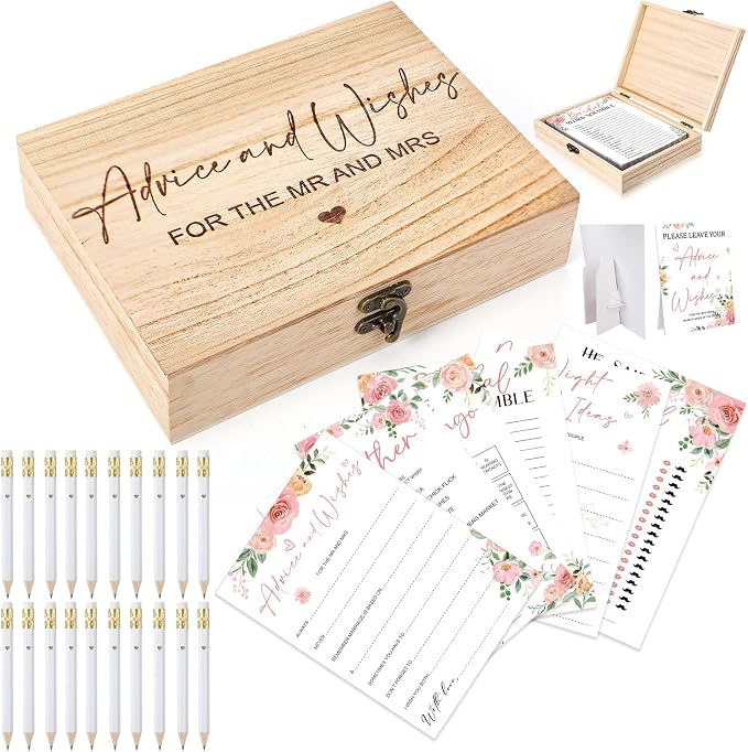 Silipull Bridal Shower Games Set for 50 Guests Includes Bingo, He Said She Said, Scramble, Would She Rather, Advice and Wishes Wedding Games Double Sided with Wooden Box, 20 Pencils(Floral)