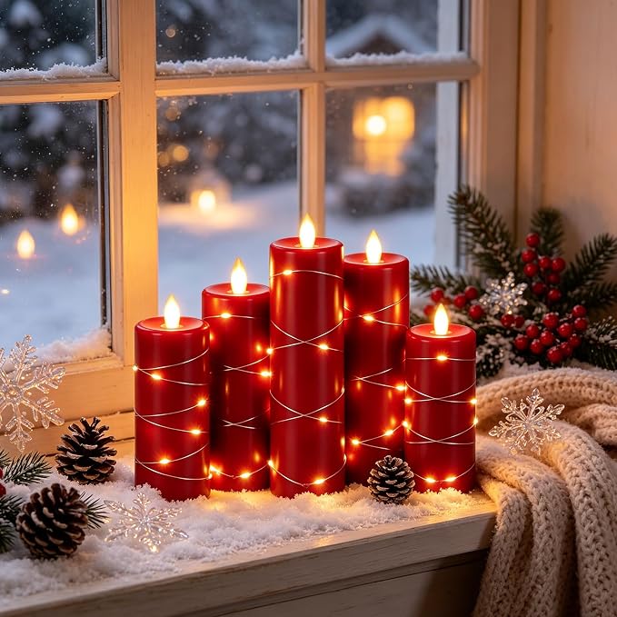 Da by 5 Pack Red Real Wax Flameless Taper Candles, Lifelike Flickering LED Candles with Copper String Lights, Battery Operated Candles with Remote for Holiday Wedding Home Decor