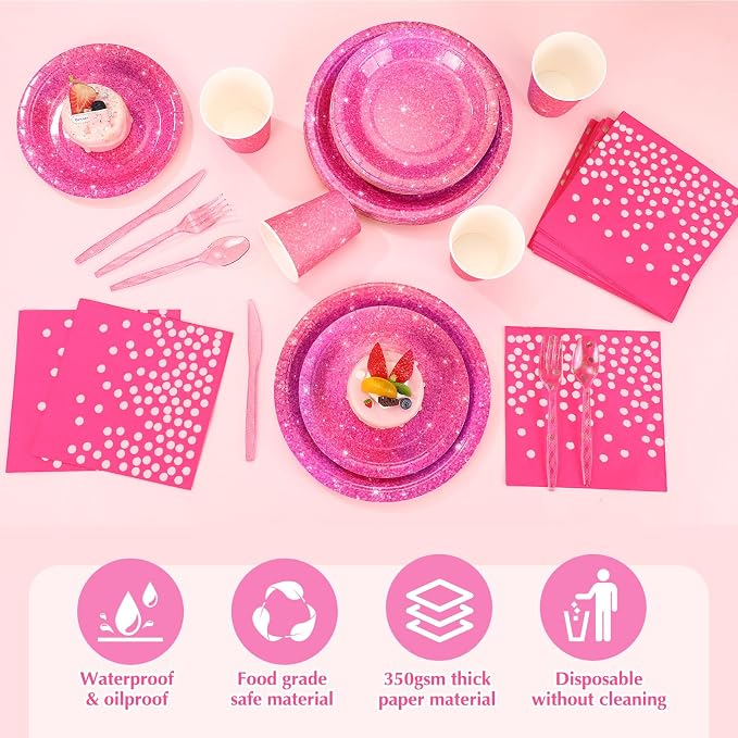 Hushee 350 Pcs 50 Guests Hot Pink Paper Party Plates and Cups Napkins Sets Holographic Glitter Disposable Dinnerware Plastic Forks Knives Spoons Birthday Bachelorette Wedding Party Supplie