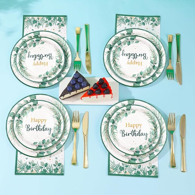 Sage Green Birthday Decorations for Women, Happy Birthday Plates and Napkins Set 168Pcs, for Boho Neutral Sage Green Decorations, Serve 24