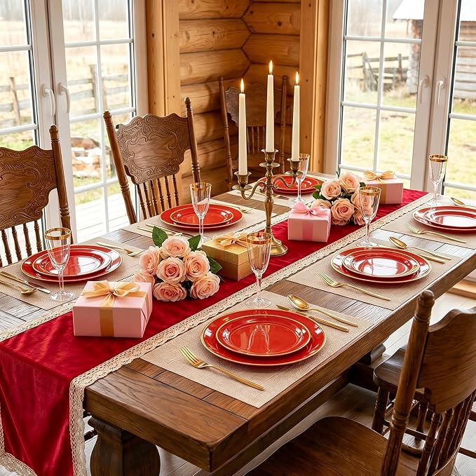 I00000 150Pcs Red Plastic Plates with Gold Rim,Fancy Plastic Plates,Nice Disposable Plates Set include 30 Dinner Plate,30 Dessert Plate, 90 plastic Silverware Set for Valentine's Day