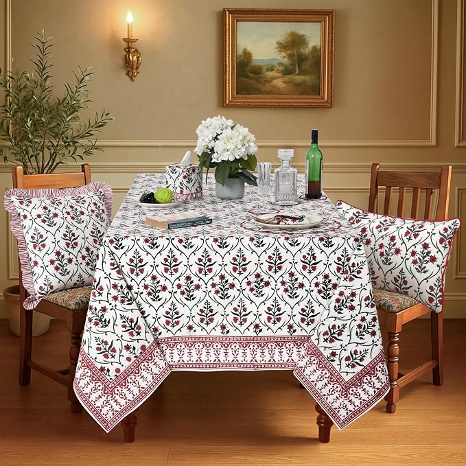Ridhi Ruby Red Hand Block Print Cotton Rectangle Tablecloth 90" x 60" inches Reusable Table Cover Decorative Everyday Use for Dining Room, Farmhouse, Home Gift for Spring, Mother's Day
