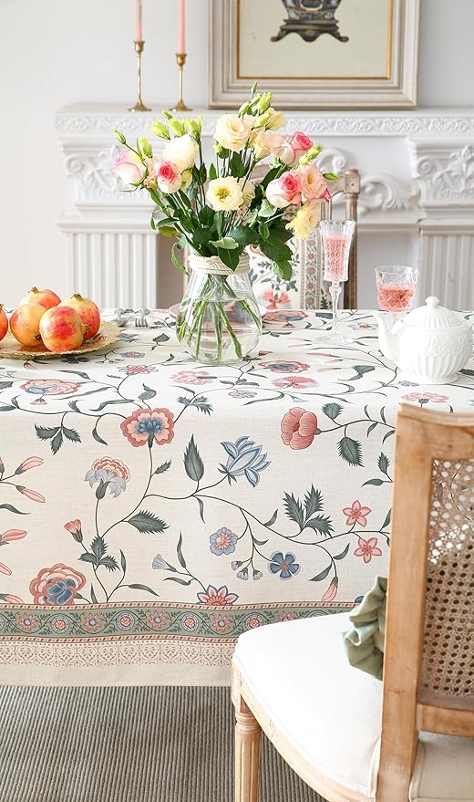 ISAENNE Designer French Linen Tablecloth Rectangular,102"x63"-Daffy | Vintage Elegant Table Cloth Rectangle Table,Floral Pattern,Decoration,Heavyweight,Dining,Kitchen,Tea Party,Thanksgiving
