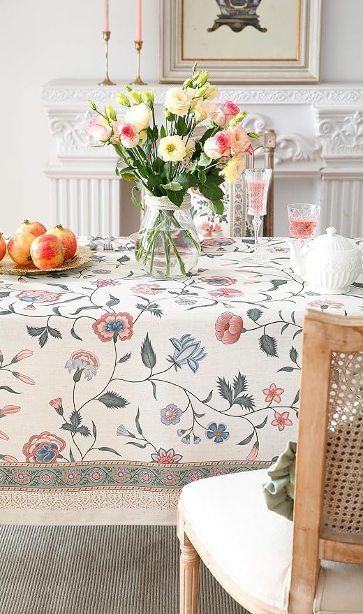 ISAENNE Designer French Linen Tablecloth Rectangular,118"x67"-Daffy | Vintage Elegant Long Table Cloth Rectangle Table,Floral Pattern,Decoration,Dining Room,Kitchen,Tea Party,Thanksgiving