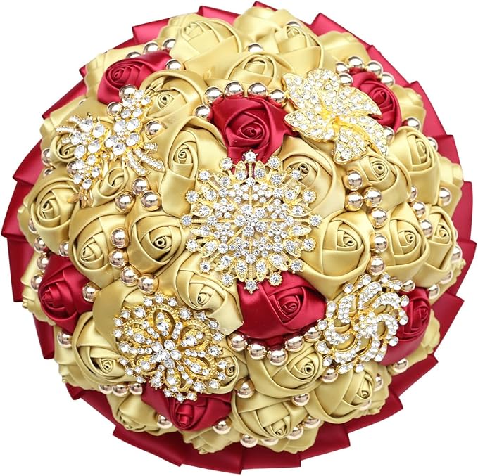 Burgundy and Gold Wedding Bouquet Luxury Gold Rhinestone Brooch Bridal Bouquet for Bride Bridesmaid Quinceanera Holding Artificial Satin Rose Flower Wedding Bouquet 7.1in