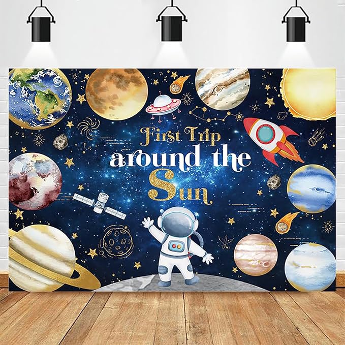 First Trip Around The Sun Baby Shower Backdrop for Kids Space Theme Birthday Party Decorations Astronaut Planets Rocket Galaxy Background Banner Photo Booth Props 7x5ft