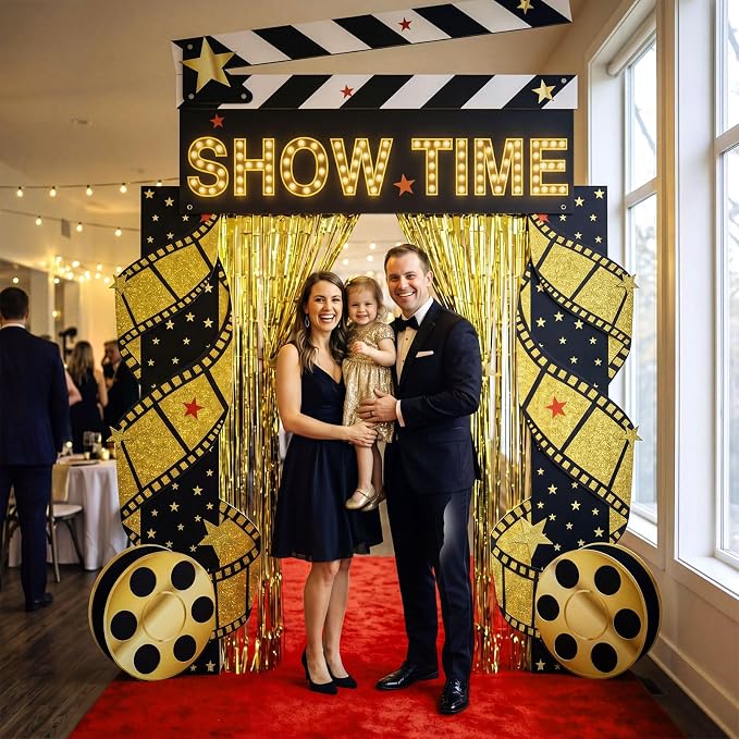 Peryiter 5 Pcs Movie Night Party Decorations Set, Movie Theme Door Banners Gold Tinsel Curtains Double Sided Tape for Film Night Party Supplies