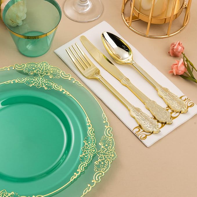 Bestluck 175PCS Clear Green Plastic Plates for 25 Guests, Disposable Plates with Gold Trim include 50 Dinner Plates, 75 Gold Silverware, 25 Cups, 25 Napkins for Party, Wedding and Graduation