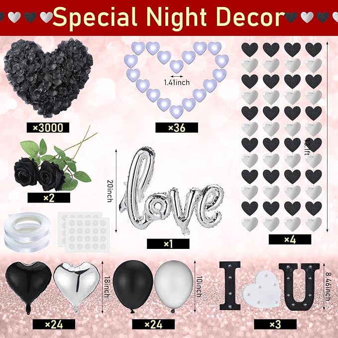 Realspring Black and Silver Balloons Hotel Room Decor for Special Night Happy Romantic Anniversary Decorations Artificial Rose Petals with Heart Lights Kit for Proposal Engagement Birthday