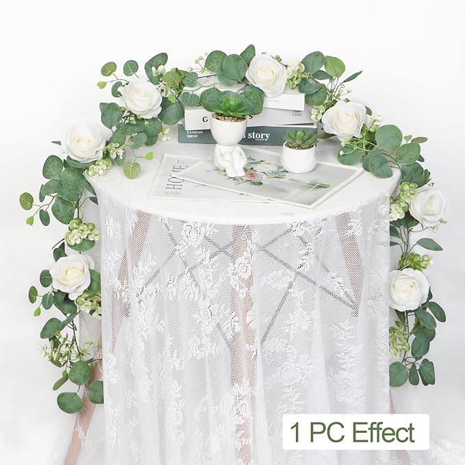TOCHGREEN 4Pcs(26 Ft) Artificial Eucalyptus & White Rose Flower Garland, Faux Rose Vine & Gypsophila Greenery for Party & Wedding Decor (White, 4PCS)