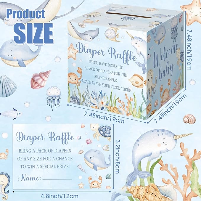 Teling 51 Pieces Diaper Raffle Tickets with Card Box Baby Shower Decorations Baby Shower Holder Box for Girl Boy Diaper Raffle Party(Ocean Animals)