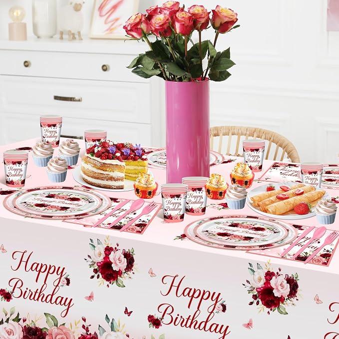 Burgundy Birthday Party Decorations 169 Pcs Burgundy Plates and Napkins Cups Tablecloth Serve 24 Rose Gold Floral Butterfly Party Supplies for Women Girl