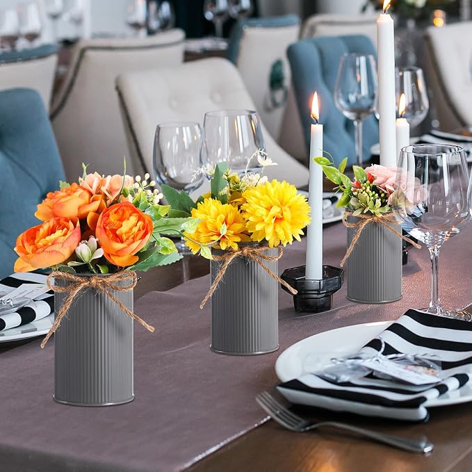 Rustic Vase for Table Centerpieces 4.33 Inch Small Petite Flower Vase with Twine Bow Vintage Farmhouse Decor for Wedding Reception Dining, Home Galvanized Metal Buckets(Gray,24 Pcs)