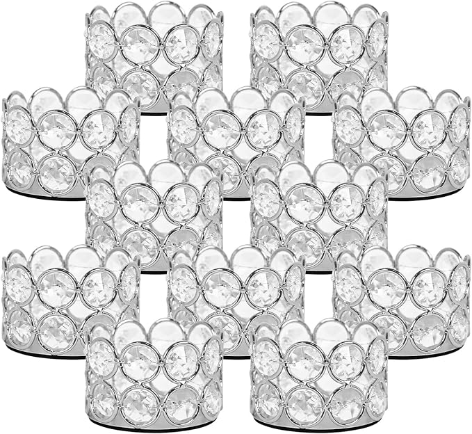 Silver Crystal Tea Light Candle Holders Set of 12 | for Wedding Home Table Centerpiece Decoration,Easter Gift(candle excluded)