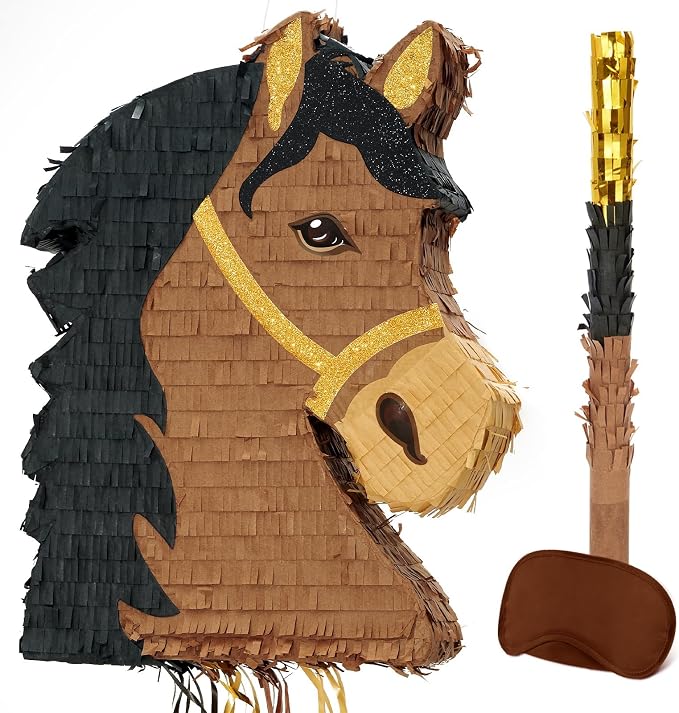 WERNNSAI Horse Piñata - Brown Horse Party Decorations Hanging Cowboy Piñata with Blindfold and Bat Western Cowboy Party Favors for Kids Boys Classroom Activities Kentucky Derby Games