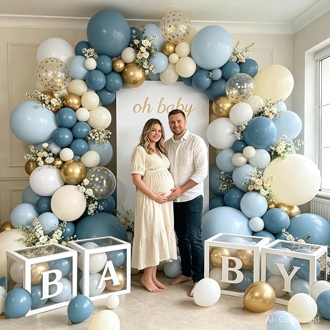 Dusty Blue Balloons Baby Shower Decorations for Boy, Dusty Blue Beige White Gold Confetti Balloon Arch Kit Baby Boxes with Letters for Gender Reveal Boy Birthday Wedding Bridal Party Decorations