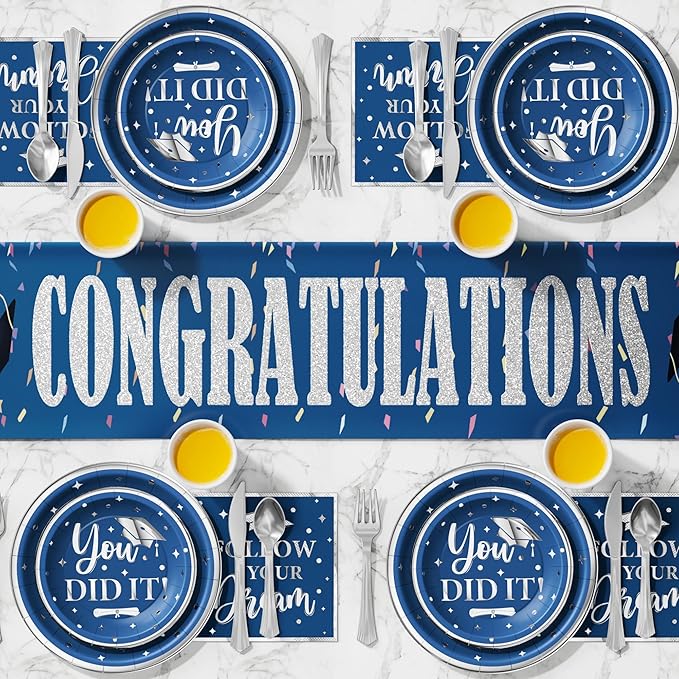 Ecomore Graduation Decoration Class of 2026, 350PCS Graduation Party Supplies for College High School Disposable Dinnerware(Serve 50) with Paper Plates Cup Napkin Fork Knife Spoon (Navy Blue & Silver)
