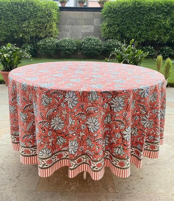 Ridhi Round Tablecloth Hand Block Print 100% Cotton Reusable Peach and Berry Blue 110 Inch Table Cover Decorative Everyday Use for Dining, Home, Farmhouse Gift for Spring, Mother's Day