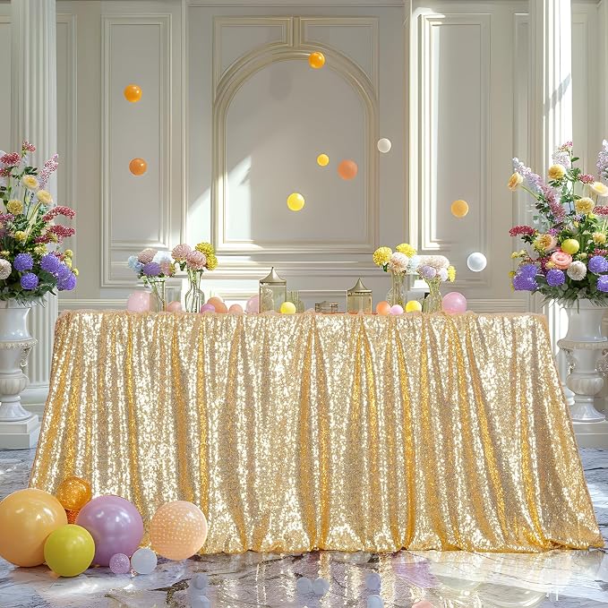 Poise3EHome Light Gold Sequin Tablecloth 60×102 Inch Rectangle Sparkly Fabric Table Cloth for Birthday Wedding Party Holiday Baby Shower Christmas Decoration