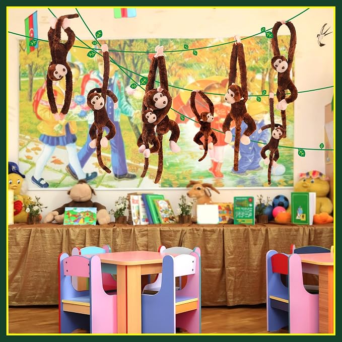 Hungdao 6 Packs Hanging Monkey Stuffed Jungle Animal Toy with Hook and Loop Jungle Party Hanging Plush Monkey for VBS Sunday School Classroom Party Decorations (24 Inch,32 Inch,Dark Brown)