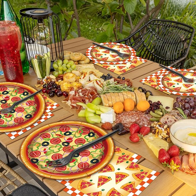 50 Guests Pizza Plates and Napkins Party Supplies Pizza Birthday Party Decorations Disposable Tableware Set Pizza Dinnerware Favor for Kids Boys Girls Baby Shower Picnics, 200PCS