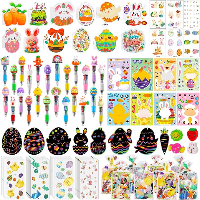 24 Pack Easter Party Favors Classroom Gifts Set with Classic Spring Designs, Easter Goodie Bags with Notebooks Pens Stickers Tattoos Scratch Art for Classroom Gifts Basket Stuffers