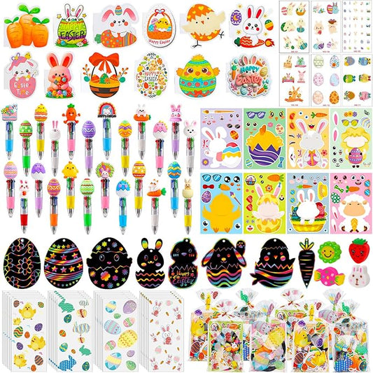 24 Pack Easter Party Favors Classroom Gifts Set with Classic Spring Designs, Easter Goodie Bags with Notebooks Pens Stickers Tattoos Scratch Art for Classroom Gifts Basket Stuffers