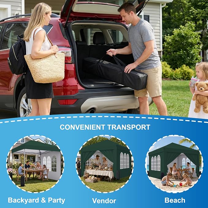 SANWAY 10x10 Pop Up Canopy with Sidewalls, Easy Setup Instant Canopy Tent, Portable with Carry Bag for Outdoor Events, Camping, and Backyard Parties – Dark Green