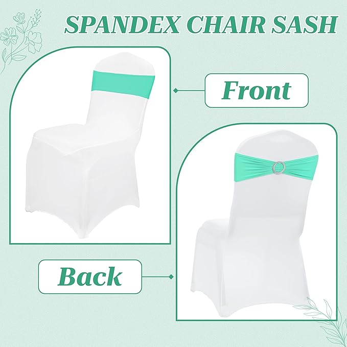 MDS Pack of 50 Spandex Chair Sashes Bow Premium Stretch Chair Cover Band with Buckle Slider Universal fits Elastic Dining Chair Ties for Wedding Party Banquet Events Decoration - Sea Green