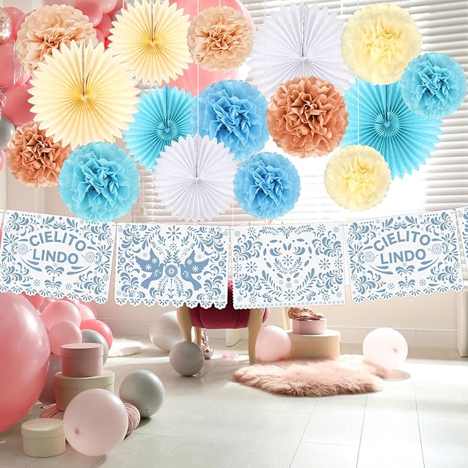18 Pcs Cielito Lindo Party Decoration Cielito Lindo Decorations Hanging Paper Fans Pom Poms and Paper Banner for Bridal Shower, Fiesta, Engagement, Mexican Baby Shower(Blue)
