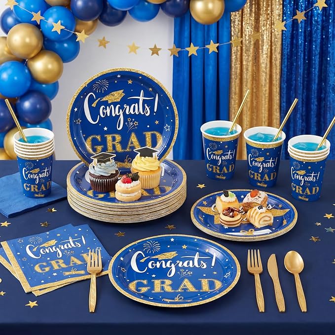 Domensi 400 Pcs 2026 Graduation Decorations Plates and Napkins and Cups Set Serve 50, Blue and Gold Graduation Party Supplies, Class of 2026 Paper Tableware 9oz Cup Knife Fork Spoon Congrats Grad