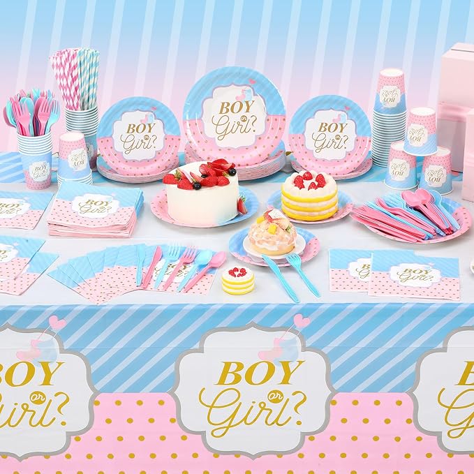 Potchen 452 Pcs Party Supplies Serve 50 Guests, Paper Plates Napkins Cups Cutlery Plastic Tablecloth Dinnerware for Birthday Wedding Party Decoration(Blue and Pink, Boy or Girl)