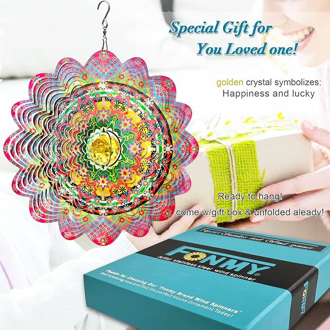 FONMY Mandala Wind Spinner w/Crystal Ball-Romatic Flower 3D Stainless Steel Hanging Spinners Worth Gift Christmas Decoration Indoor/Outdoor Garden Décor Kinetic Yard Art 12 Inches Wind Sculpture