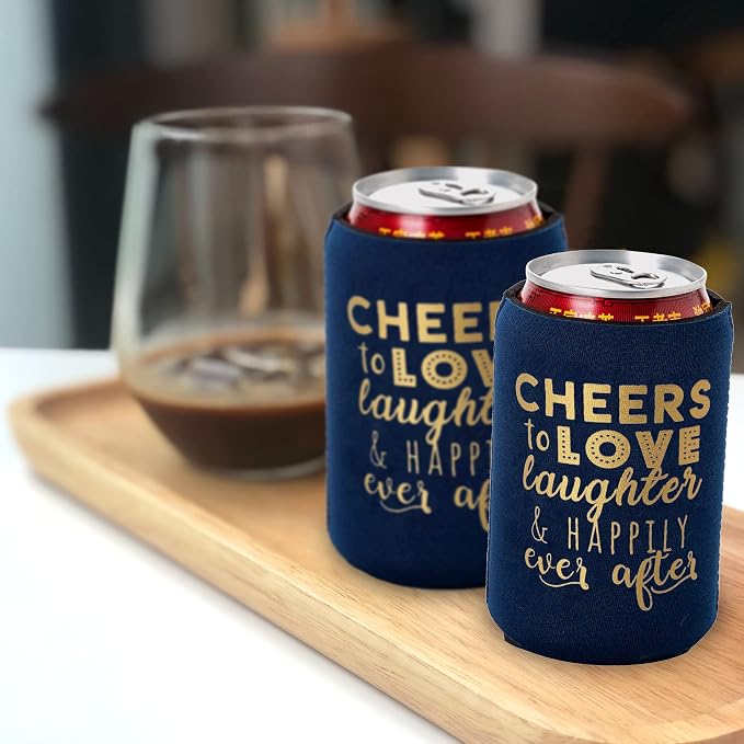 Wedding Can Cooler Decorations Set of 12 - Cheers to Love Laughter and Happily Ever After, Wedding Rehearsal Dinner Decorations - Bridal Showers, Engagement Party Favors for Guests and Supplies