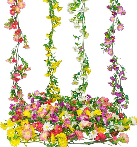 CISDUEO 4 Pcs Artificial Daisy Flowers Vine Silk Flower Garland for Mantle Colorful Fake Flower Vine Hanging Ivy with Daisy Flowers for Wall Party Wedding Arch Indoor Home Decor Spring Summer Outdoor