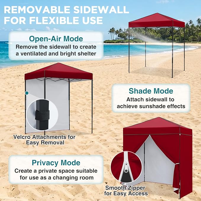 EAGLE PEAK 6x4 Instant Pop Up Canopy Tent with 4 Side Wall Panels, Straight Leg Sun Shelter, Portable Canopy with Carry Bag for Camping, Beach & Sports, Burgundy