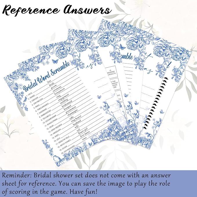 Silipull Bridal Shower Games Set for 50 Guests Includes Bingo, He Said She Said, Scramble, Would She Rather, Advice and Wishes Wedding Games Double Sided with Wooden Box, 20 Pencils(Blue Floral)