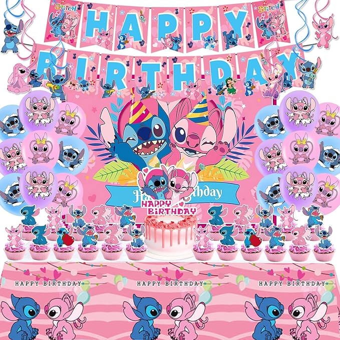 Stitch Party Supplies, 49PCS Birthday Decorations Set Include Banner, Balloons, backdrop,Stickers, Hanging Swirls, Cake Cupcake Toppers, Tablecloth for Boys Girls Stitch Theme Party