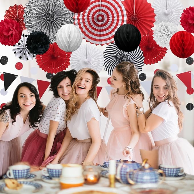 Red and Black Party Decorations, 23Pcs Hanging Paper Fans Party Decoration with Honeycomb Balls and Pom Poms Flowers for Birthday Wedding Graduation Game Night Boy Girl Party Decorations