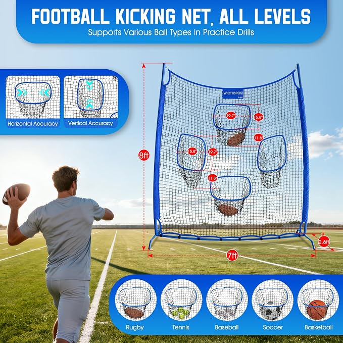 Football Throwing Net, Upgrade Heavy Duty Metal Frame Quarterback Training Equipment Throwing Machine with 1-4 Targets, Easy Setup Football Target Practice with CarryBag, Allweather Indoor Outdoor Use