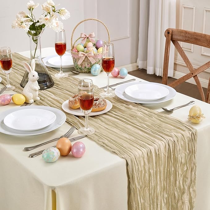 6 Pack Beige Mother’s Day Cheesecloth Table Runner 10FT Long Easter Spring Boho Gauze Table Runner Rustic Sheer Runner for Wedding Bridal Baby Shower Birthday Party Table Decor Home Easter Decor